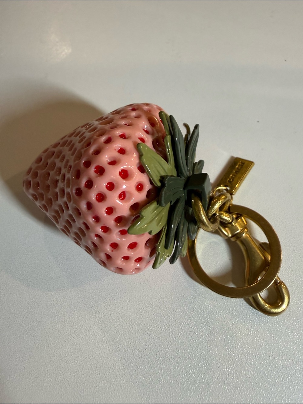 Coach Pink Strawberry Bag Charm Keychain with Gold Hardware